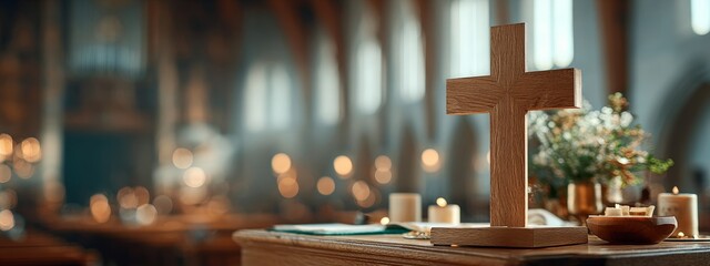 Wooden cross on altar in soft candlelight with warm reflections, contemplative scene for Lent