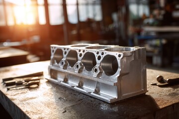 Engine block crafted from recycled aluminum sits on a mechanic workbench. Sustainable automotive engineering, eco-conscious production, and pursuit of energy-efficient innovation in modern design.