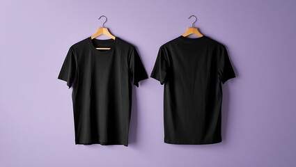 Front and back view of two black blank t-shirts hanging on wooden hangers against a soft purple background