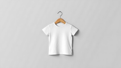Single white blank children's t-shirt hanging on a wooden hanger against a clean light gray background
