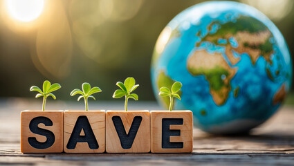 Global environmental conservation message with SAVE text and world globe on green grass.