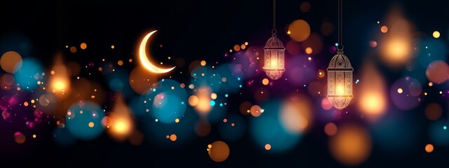 Obraz premium Glowing crescent moon above floating lanterns in vibrant festive motion, symbolic scene for Eid al-Fitr