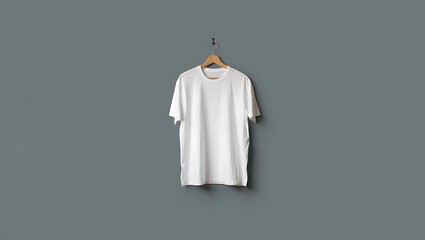 Single white blank t-shirt hanging on a natural wooden hanger against a clean medium gray wall
