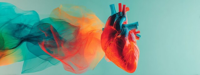 Vibrant human heart glowing with warm light, cinematic shadows revealing texture, concept of medical innovation and health awareness