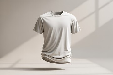 Floating light beige t-shirt mockup with elegant draping and strong diagonal window shadows