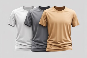 Row of three floating t-shirt mockups in white, gray, and camel on a light studio background