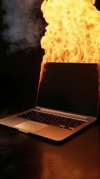 A laptop computer engulfed in flames on a table