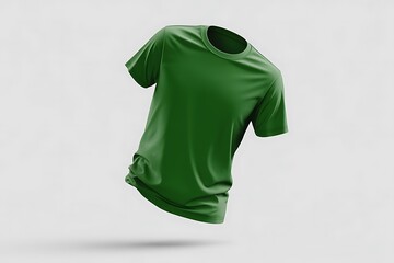 Dynamic floating vibrant green crew neck t-shirt mockup with natural folds, casting a subtle shadow on a clean white background.