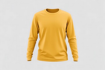 Vibrant mustard yellow long-sleeve crew neck t-shirt mockup with smooth fabric drape, standing vertically on a clean light grey background.