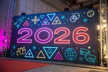 Vibrant neon 2026 celebration sign with geometric shapes and icons for new year's eve festivities illustration
