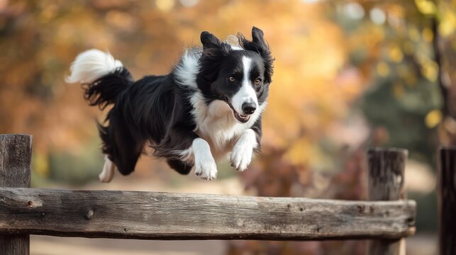 Energetic Border Collie Leaping Over Rustic Fence in Autumn Scenery
