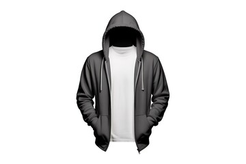 Dark grey zippered hoodie mockup with a white t-shirt underneath, featuring an anonymous hooded figure on a white background.