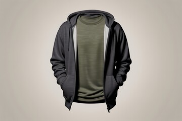 Stylish dark grey zip-up hoodie layered over an olive green long-sleeve t-shirt, presented floating.