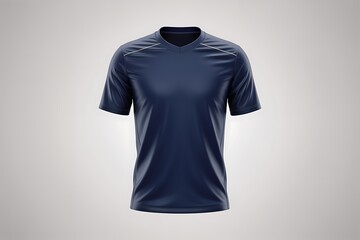 Sleek dark navy v-neck athletic t-shirt with subtle white trim on shoulders, presented cleanly floating.