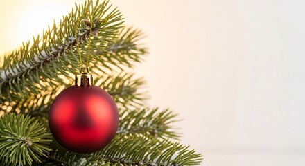 Red ornament hangs on a snowdusted evergreen branch against a light background
