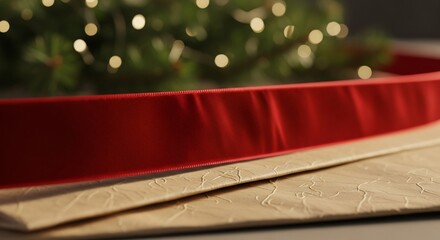 Red ribbon over patterned envelope in front of blurry lights and greenery