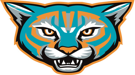 Fierce wild cat mascot illustration with teal and orange stripes. Aggressive feline animal design for sports teams or brand identity.