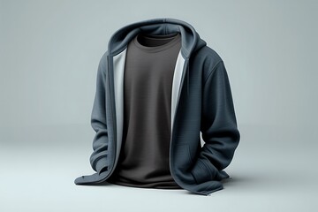 Casual blue-grey textured zip-up hoodie layered over a dark grey t-shirt, presented in a relaxed folded posture.