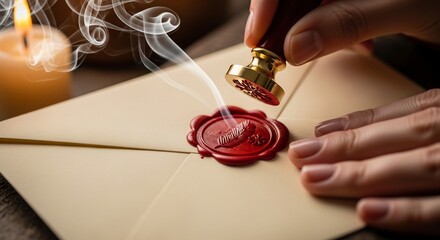 Sealing wax on an envelope with a seal hands and candle