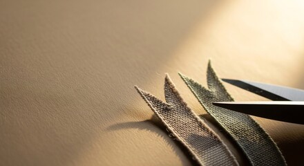 Scissors cut ribbon ends on a golden surface The light shines on the scene