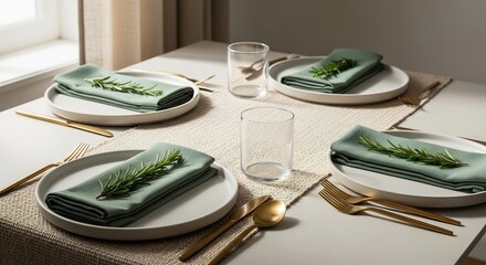 Set table plates sage napkins rosemary sprigs gold cutlery clear glasses on woven runner against window