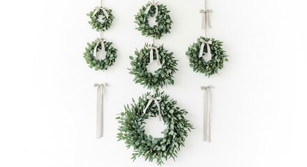 Seven eucalyptus wreaths adorned with ribbon hang in an arrangement on a white wall