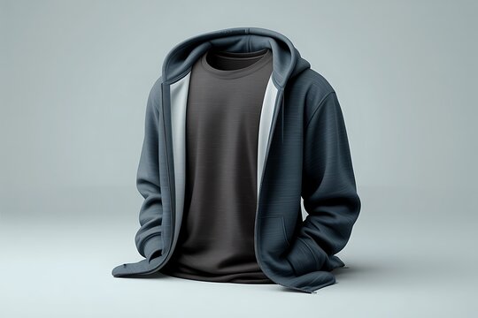 Casual blue-grey textured zip-up hoodie layered over a dark grey t-shirt, presented in a relaxed folded posture.