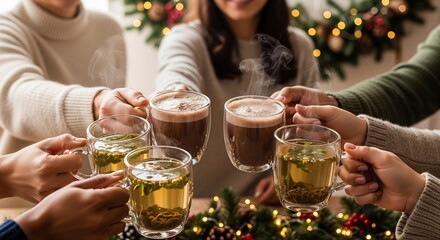 Six hands hold up hot chocolate and herbal tea in clear mugs celebrating in front of holiday decor