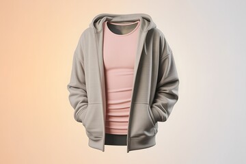 Floating Light Beige Zip-Up Hoodie Open Over Pink T-Shirt Mockup on Soft Warm Gradient Background