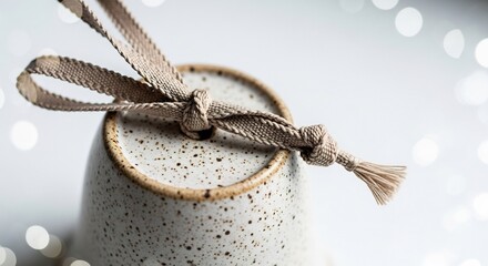 Speckled ceramic bell with a knotted beige woven ribbon hanging on a bright background with blurry lights