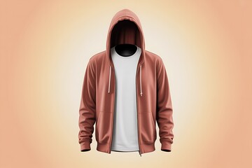 Floating Rust Terracotta Zip-Up Hoodie with Hood Up Over White T-Shirt Mockup on Warm Background