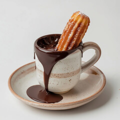 Delicious churro dipped in rich chocolate sauce isolated on white background, a tempting treat with a perfect blend of crispy texture and sweet indulgence