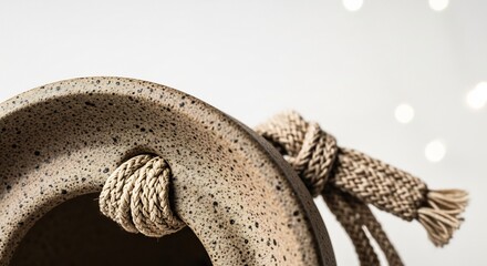 Speckled tan clay pot rim knotted rope handle soft white bokeh background