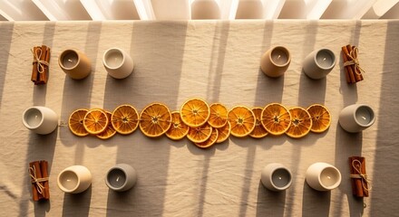 Still life features dried orange slices candles in neutraltoned holders  cinnamon sticks on a tan textured tablecloth