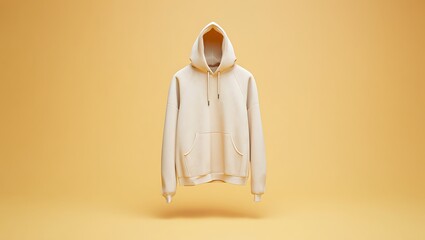 Floating light beige hooded sweatshirt with drawstring and kangaroo pocket against a soft amber background