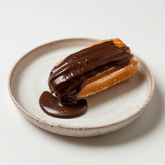 Delectable churro covered in chocolate sauce isolated on white background, a sweet indulgence with a perfect balance of crispy texture and rich flavor