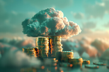 Cumulus clouds rest atop stacks of golden coins, symbolizing financial growth and prosperity.