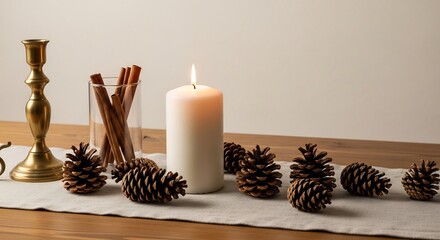 Table centerpiece with pine cones candle cinnamon sticks and a brass candlestick
