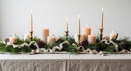 Table decor featuring candles pine branches pinecones  a linen ribbon all atop a light gray tablecloth