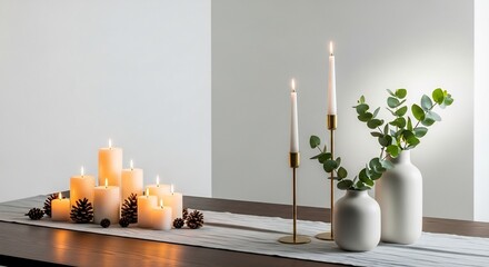 Table display of candles pine cones Eucalyptus in vases set on runner