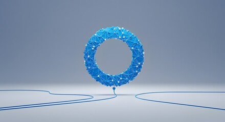 A glowing blue abstract geometric ring structure with interconnected nodes and lines, floating against a minimalist gradient background, suggesting connectiv...
