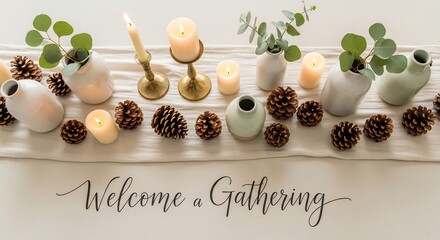 Table runner adorned with pinecones candles and small vases of eucalyptus Text Welcome a Gathering below