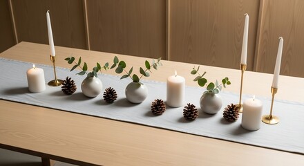 Table runner with candles pine cones and eucalyptus in white vases on a light wood surface