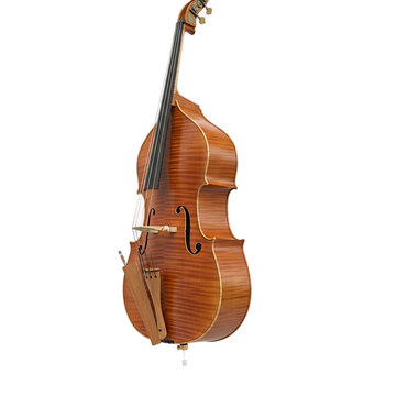 A striking upright bass on a black background, showcasing wood grain and intricate details. Classical music instrument