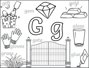 Alphabet Letter F Coloring Page – Educational worksheet with fork, flute, feather, fan, fence, and flower – fun printable activity for preschool and kindergarten kids