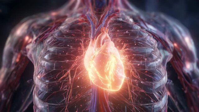 発光する心臓が強調された人体図