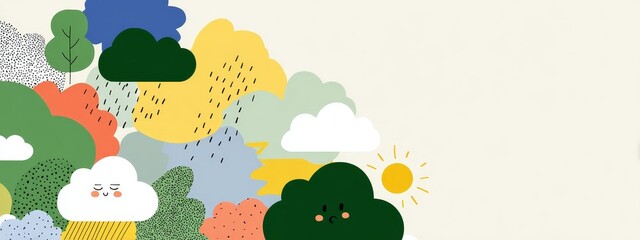 Fototapeta premium Minimalist weather symbols illustration with clouds, sun, rain, and wind, blue pastel gradient background, World Meteorological Day awareness design