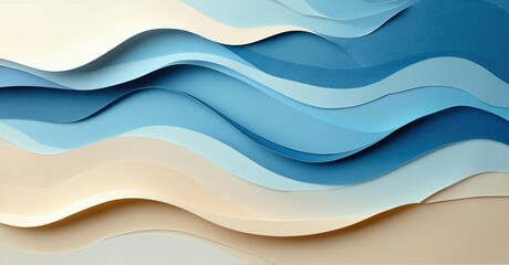 Abstract paper waves, blue and beige tones. Smooth curves create ocean illusion, minimalist design. Calm, serene aesthetic.