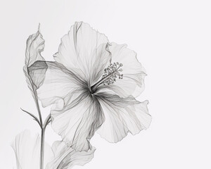 A delicate hibiscus blossom isolated on white background, showcasing its intricate petal structure and the fine details of its stamen and pistil