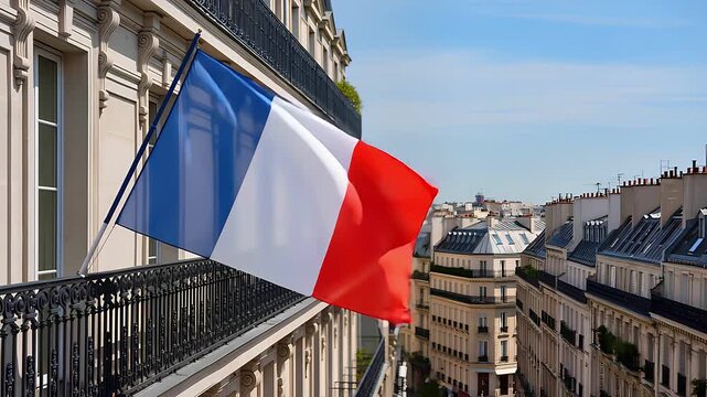 Waving French flag on a classic Haussmannian balcony in central Paris.